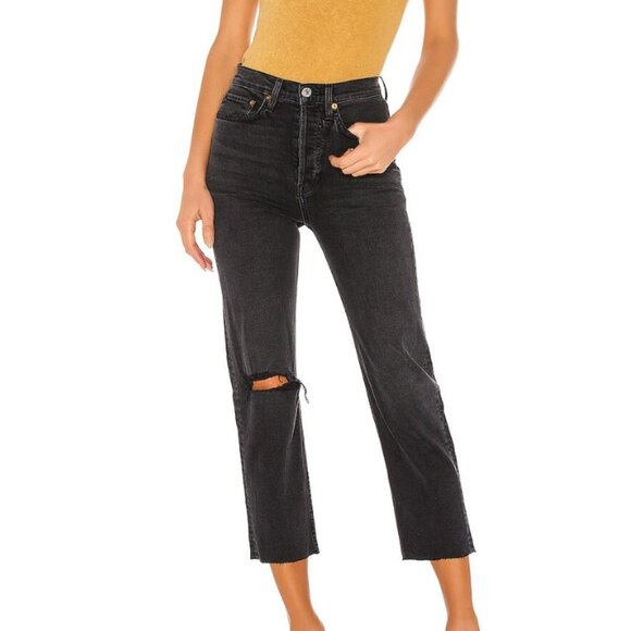 NWOT RE/DONE Ultra High Rise Stove Pipe in vintage black destroy size 25 - Picture 1 of 9